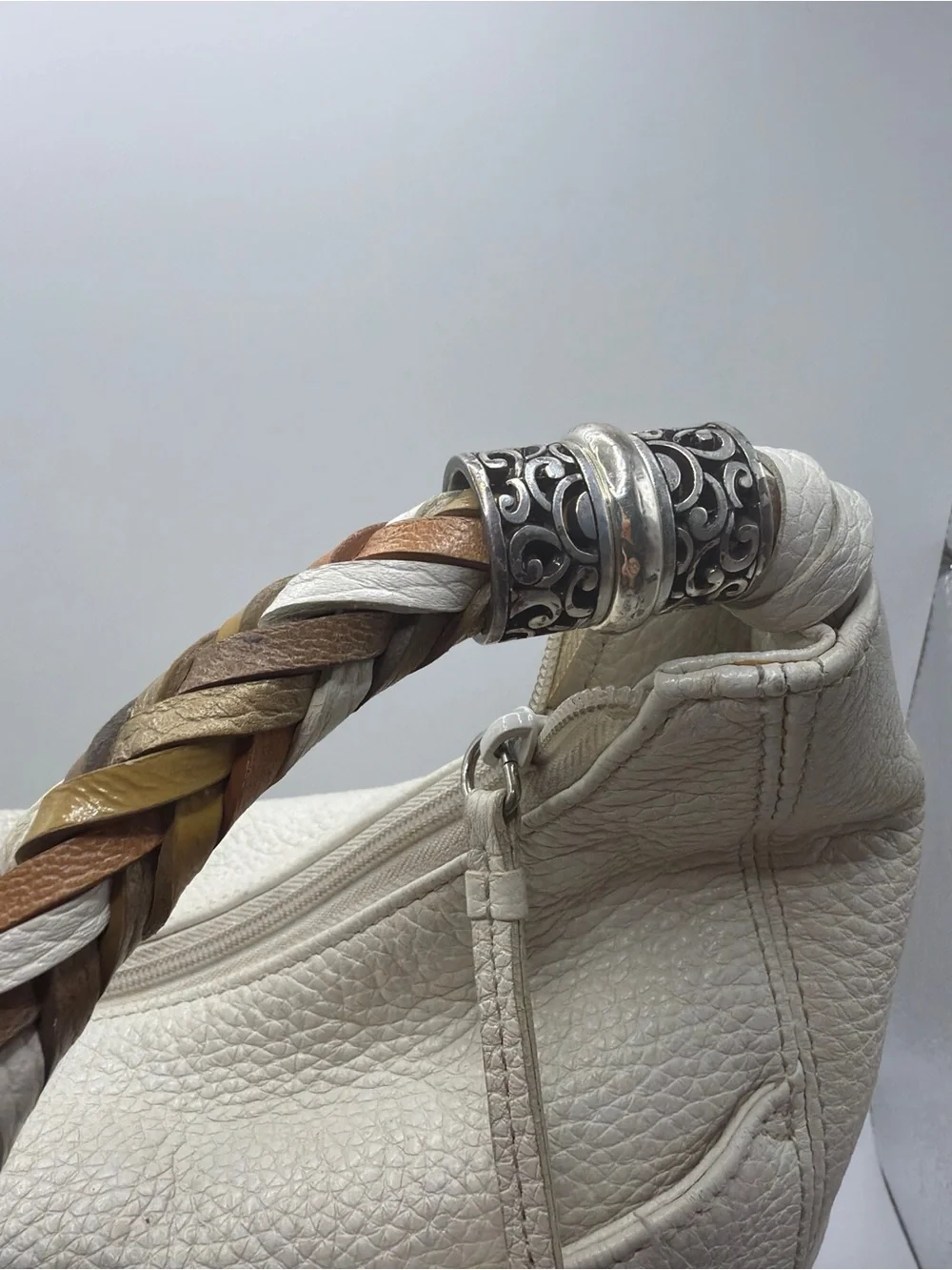 Brighton Ivory Leather Hobo with Braided Tan & Brown Strap